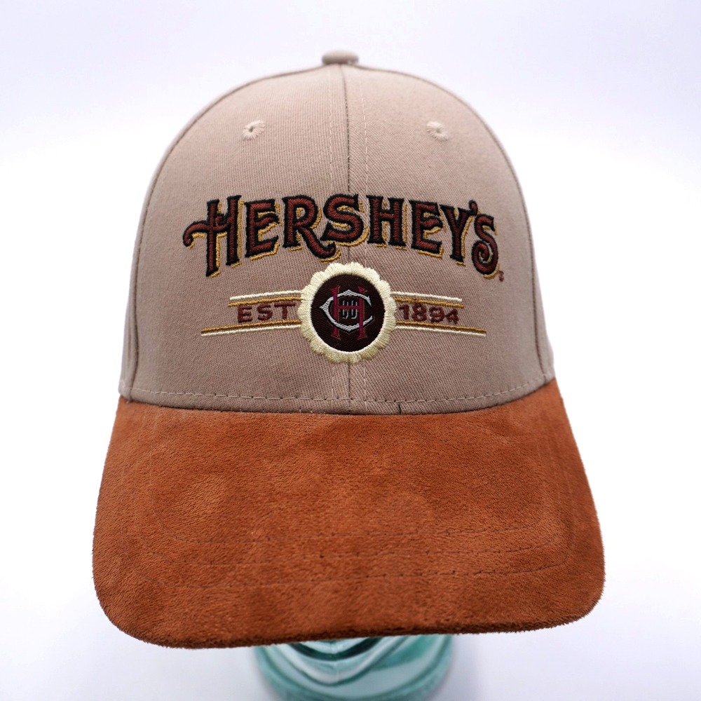 Hershey's Chocolate Logo Dad Cap Khaki Tan Brown Suede Bill Baseball Hat